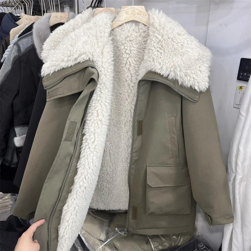 Women Cotton Coat Fashion Big Collar Plush Thick Casual Cotton Coat 2025 Winter Jacket Workwear Style Parker Coat Tops Female