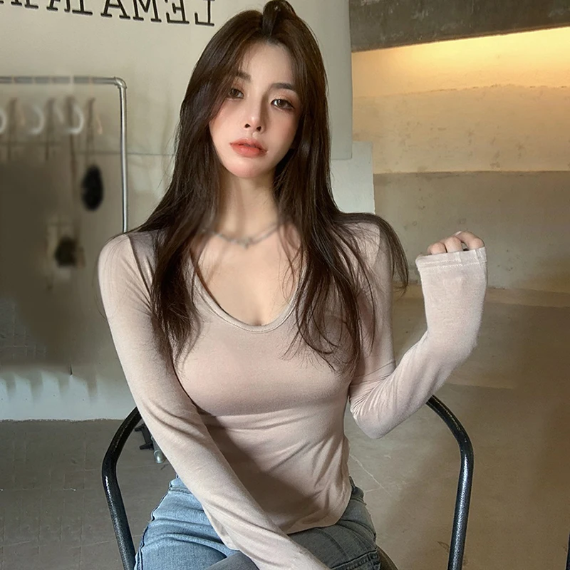 Women's Top Irregular Fashion Breathable Solid Color Inside Korean Style T-shirt Long Sleeve Bottom