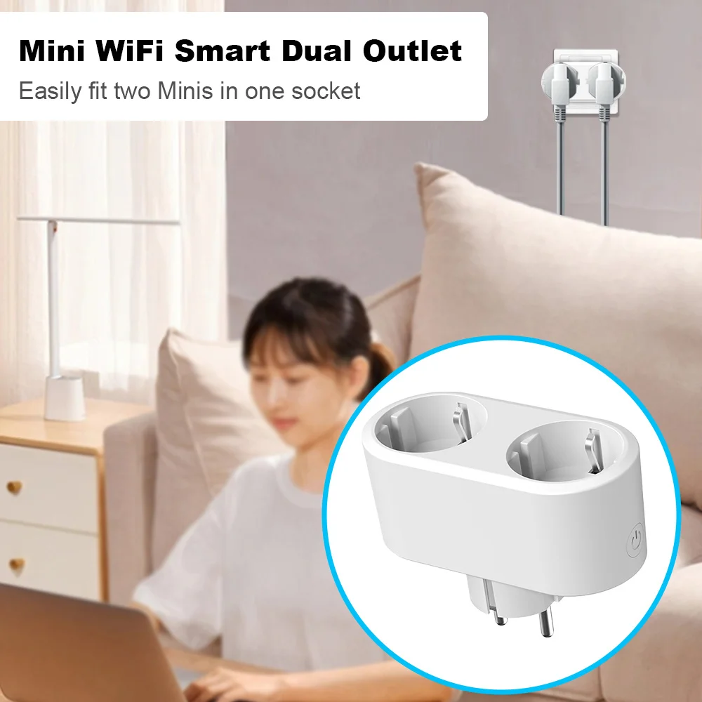 WiFi Smart Plug Dual Outlet 16A EU 2 in 1 Timer Socket Tuya Smart Life Remote APP Voice Control Works With Google Home Alexa