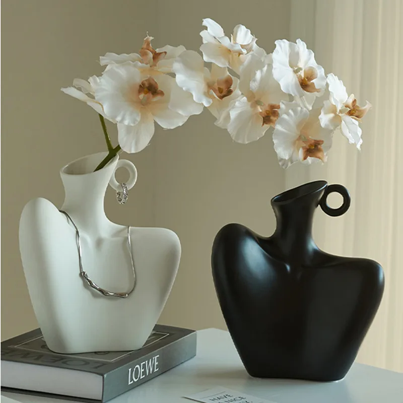 

CuteLife Nordic Black Body Ceramic Flower Vase Interior Desk Assessories Retro Home Decor Table Vase Ornament Wedding Plant Vase