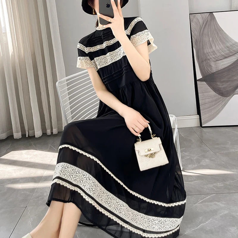 Summer New Lace Patchwork Loose Casual Robe Femme Short Sleeve Elegant Fashion A-line Vestidos Women Vintage Vestidos De Fiesta