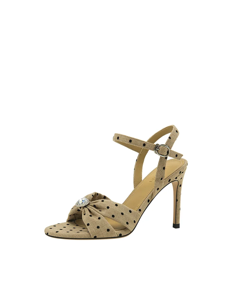 Summer new retro polka dot rhinestone fabric cross strap sandals dress large size small size slim heel high-heeled women's shoes - view 2