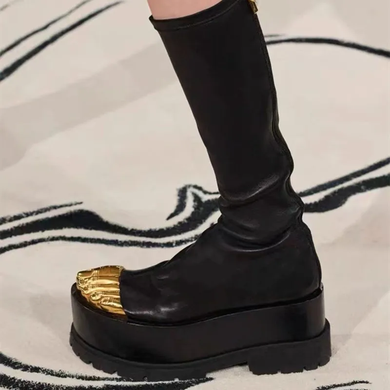 Fashion Ankle Boots For Women Luxury Mid-calf Boots Designer Thigh High Boots Metal Decoration Female Shoes Platform Zipper-sid