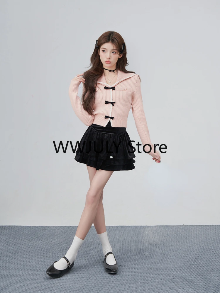 Pure Color Knitted Sweater Woman Korea Fashion Y2k Crop Tops Long Sleeve Basic Elegant Pullover Bow Design Casual 2023 Autumn