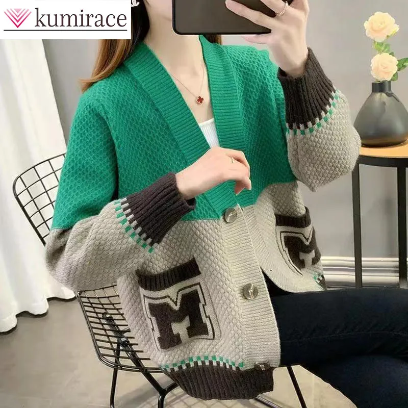 

Korean Casual Pocket Letter M Sweater Women's Cardigan Autumn and Winter New Item Color Blocked Knitted Jacket Trend Tops