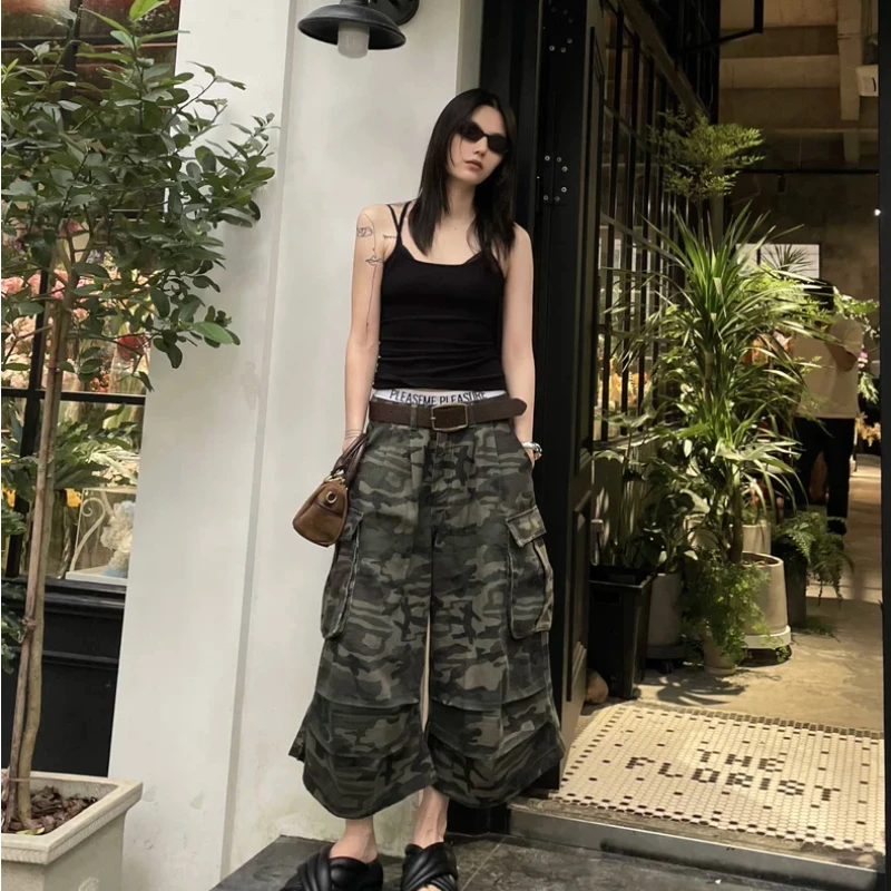 American Camouflage Women Baggy Cargo Shorts Pockets High Street Handsome Fashion Summer Popular Vintage Hip Hop Casual Shopper