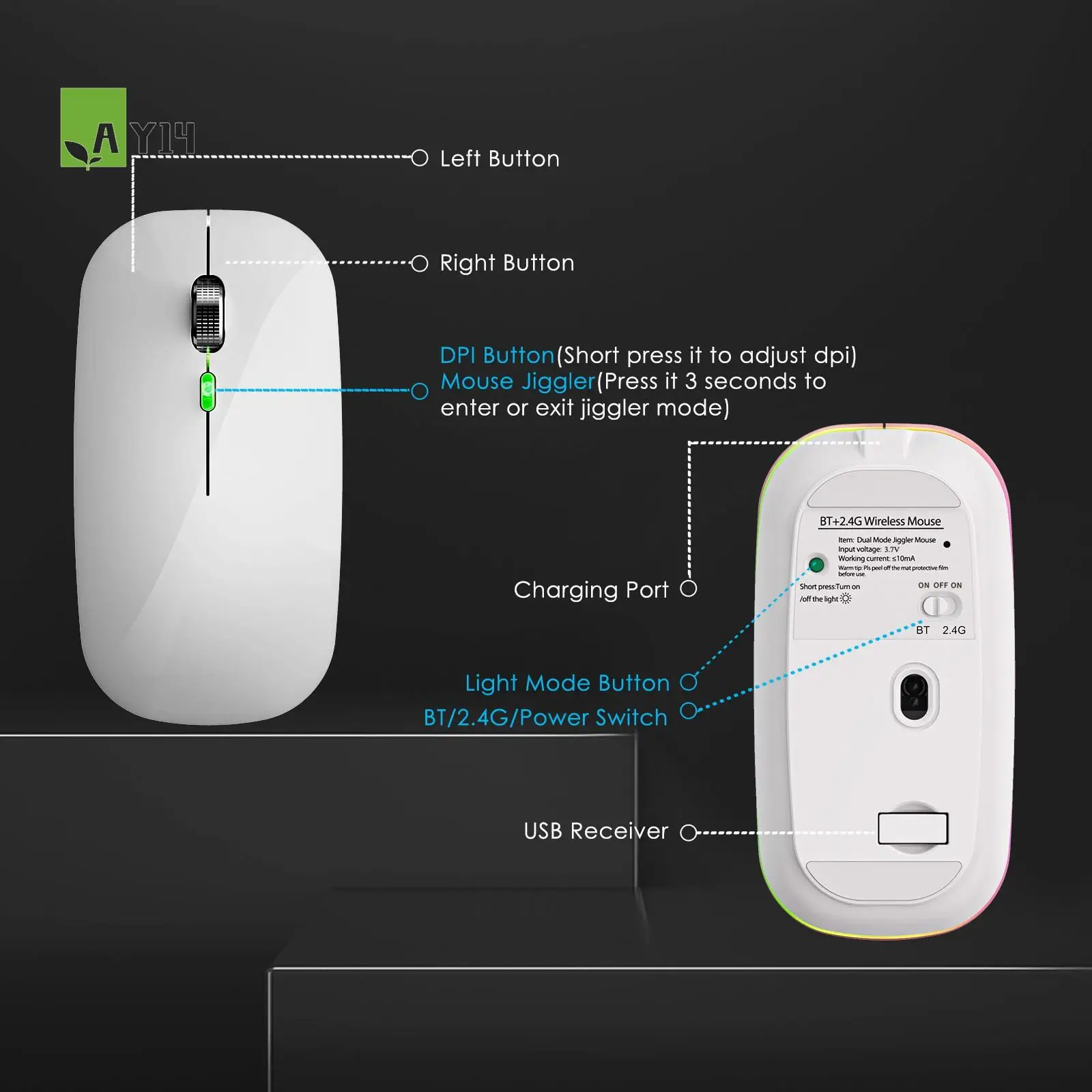 AY14 -Mouse Jiggler Anti-Hibernate Auto-Move Cursor Virtual Wireless Bluetooth Mouse Prevent Computer Lock Screen Mover