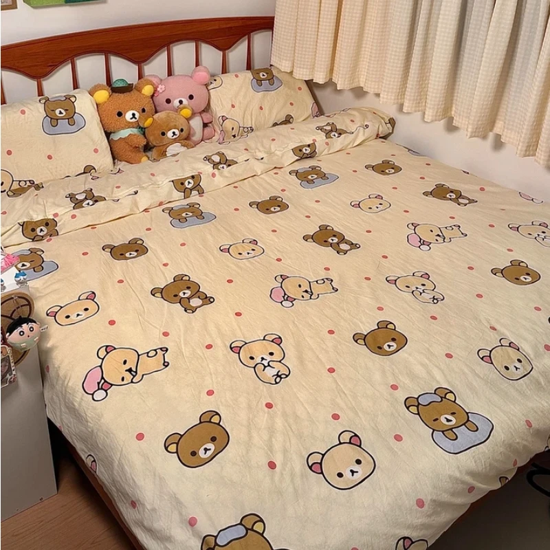 

Комплект постельного белья из 4 предметов: милый японский Рилаккума (4 шт./компл.), мультяшный, с пододеяльником и наволочками, мягкий, дышащий, для дома и общежития