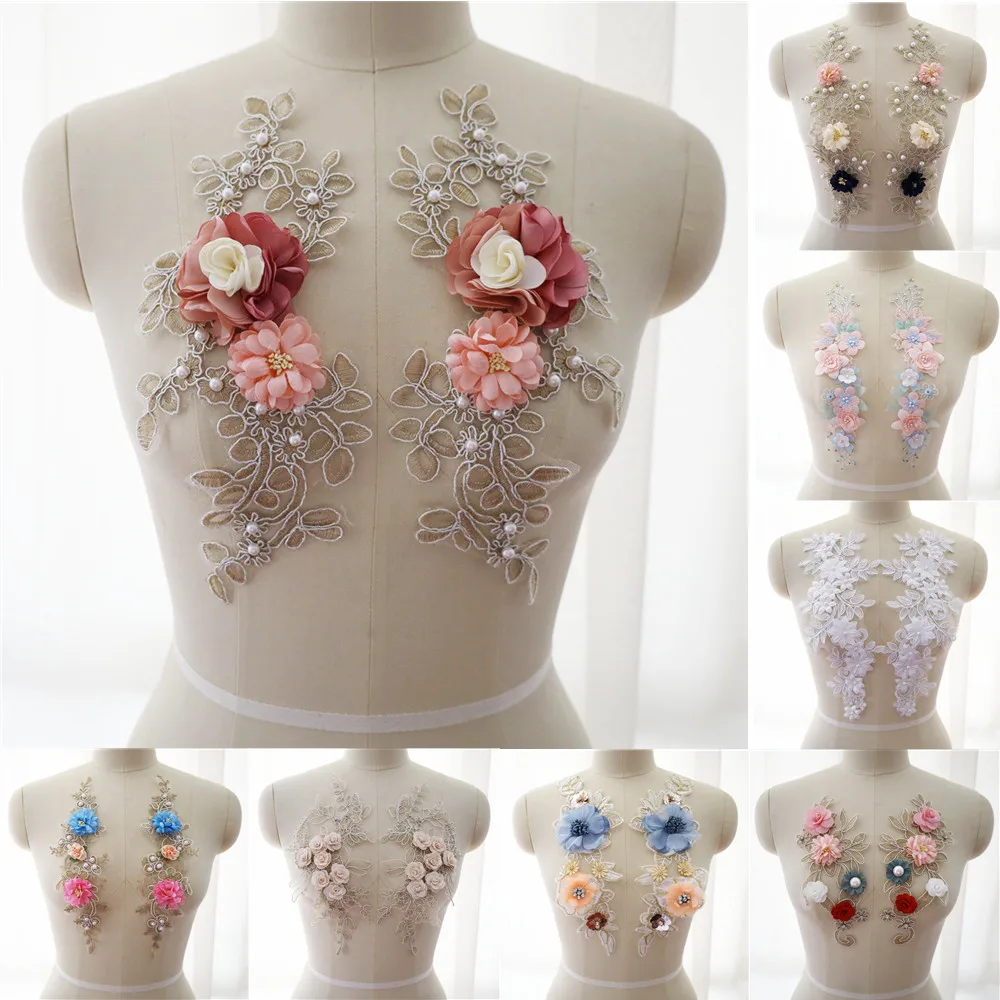 2Pcs Rhinestones Embroidered Pearl 3D Flower Applique Lace Fabric Collar Patch Wedding Bridal Gown Clothes Dress Decor DIY Craft