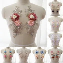 2Pcs Rhinestones Embroidered Pearl 3D Flower Applique Lace Fabric Collar Patch Wedding Bridal Gown Clothes Dress Decor DIY Craft