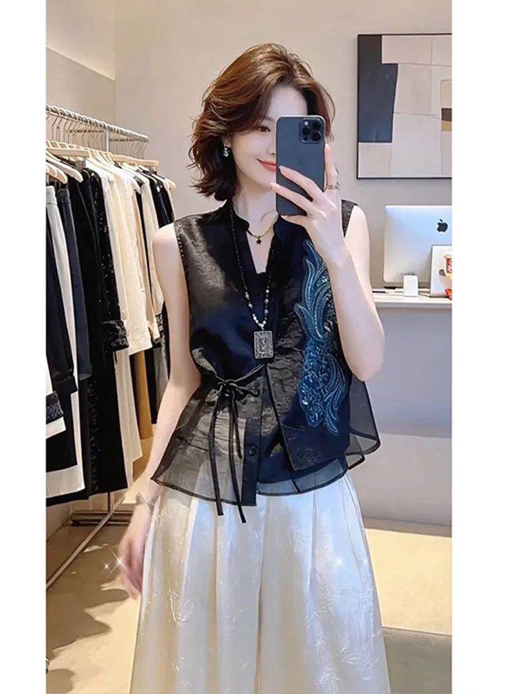 

New Chinese Style Embroidered Sleeveless V-Neck Black Shirt Women's Summer Slimming Belted Top Breathable Comfortable Casual ...
