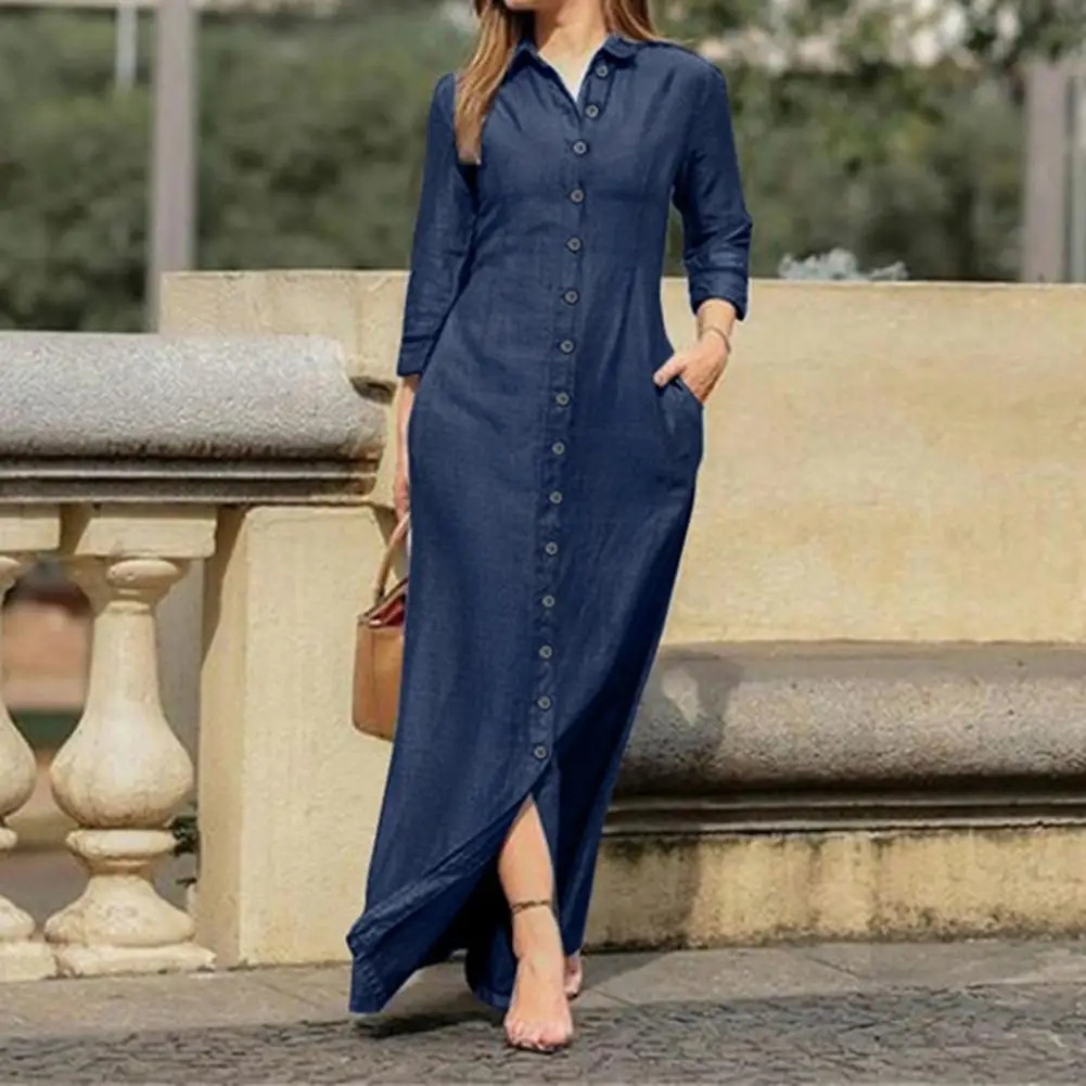 Great Denim Dress Slim Large Hem Solid Color Single Breasted Denim Maxi Dress  Youthful Shirt Dress for School