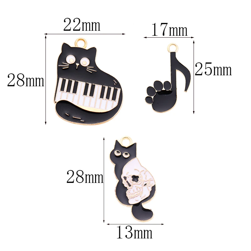 10Pcs/Lot Enamel Cartoon Series Cat Pendant Punk Style Piano Notes Animal Charm DIY Necklace Bracelet Jewelry Making Accessories