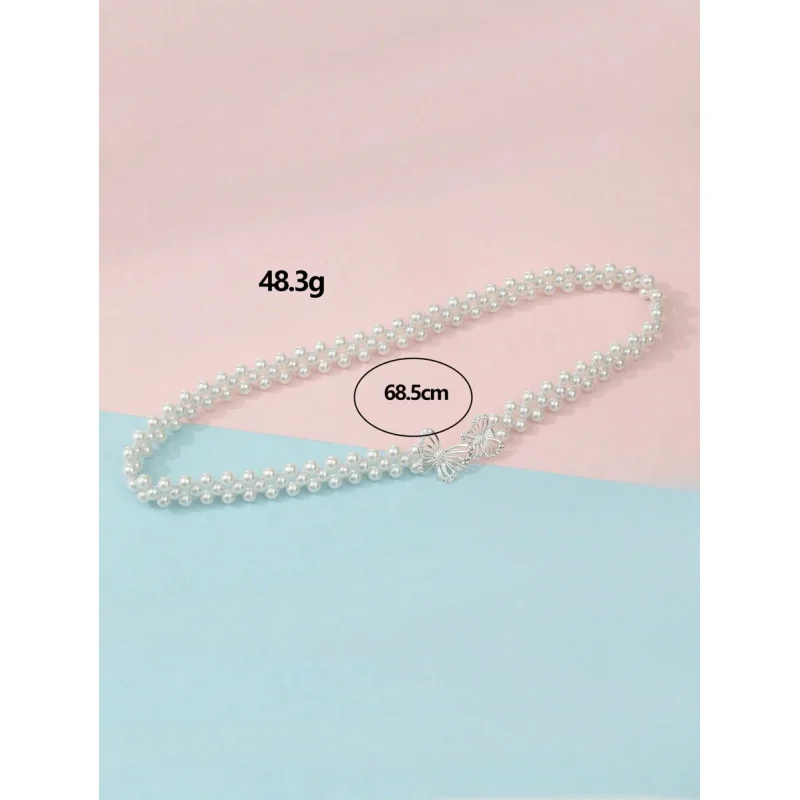 1pc Sweet Faux Pearl & Butterfly Decor Waist Belt – Fashionable Accessory for Dresses.