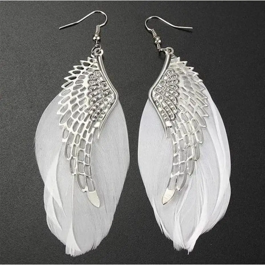 1 Pcs Fashion Silver Plated Angel Wings Earring White Feather Drop Earrings for Women
