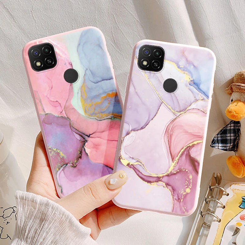 Marble Pattern Phone Case For Redmi 9C 9 C NFC 10A 10C 12C 11A Protective Cover Case Pink Silicone Soft Funda Coque Women Girls
