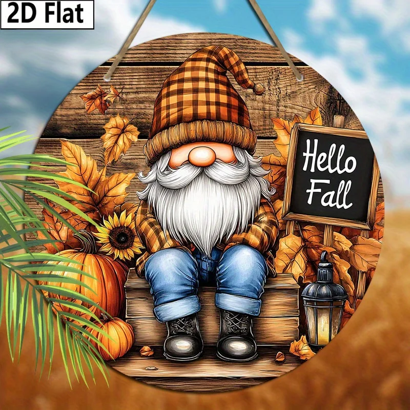 2D Flat, 1pc 2D Flat Printed Gnome Maple Leaf Round Wooden Hanging Ornament - Autumn Harvest Festival Gift, Faux Wood Panel Art