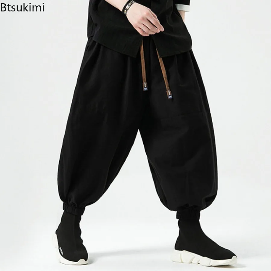 Men's Chinese Style Black Elastic Waist Harem Trousers Spring and Summer Casual Loose Cotton Linen Lantern Pants Male Clothing