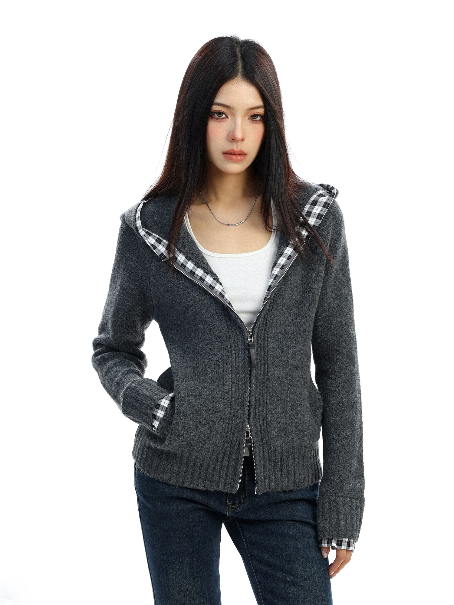 

American Sle Color Blo Plaid Splicing Double Zipper Hoodie Women's Autumn Winter Design Knitted Sweater Coat Casual Wear