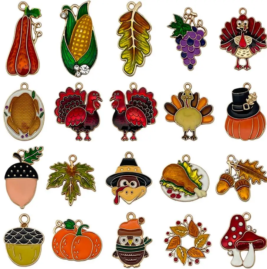 20Pcs Mixed Thanksgiving Enamel Alloy Charms Turkey Pumpkin Leaf For DIY Bracelet Necklace Handmade Jewelry Craft Accessories