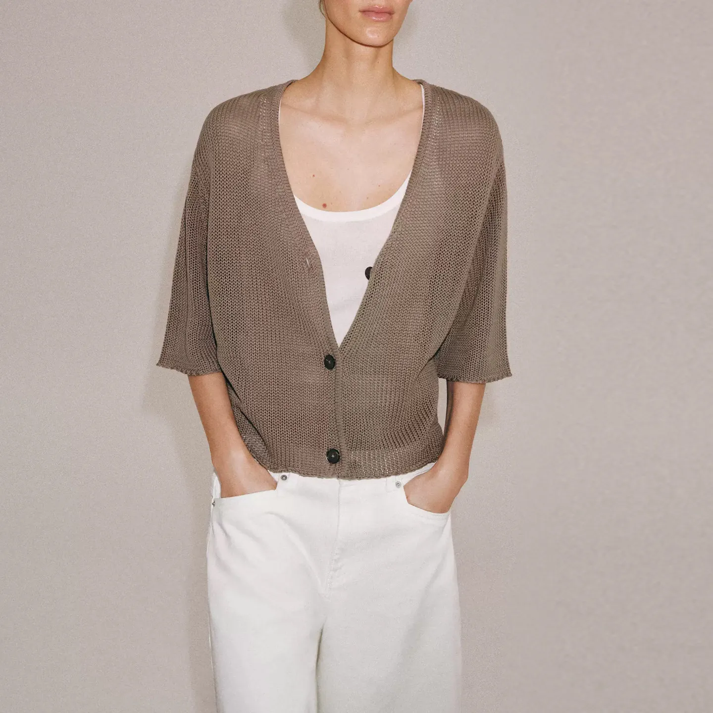 Fashionable V-Neck Knitted Jacket Women's Summer Casual Wide Sleeve Seven-Quarter Length Knitwear Standard Fit Zadata Brand