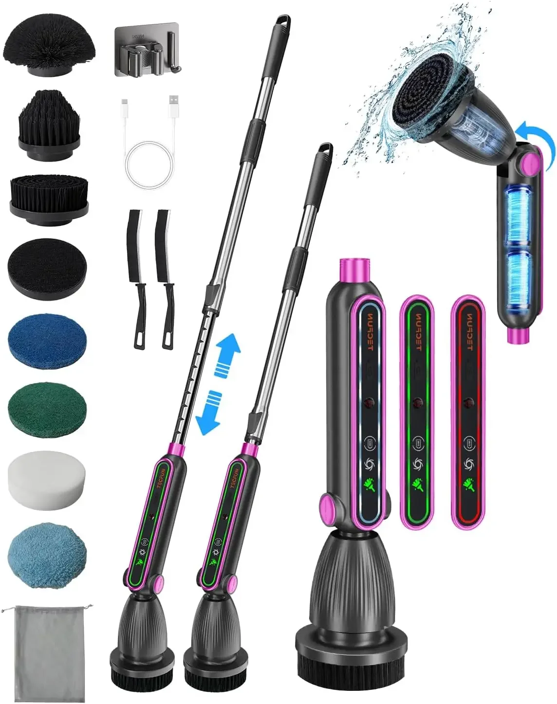 Spin Scrubber 16 in 1 Cleaning Brush with Adjustable Angles & Heads, Bathroom Power Scrubber with Extendable Handle, In