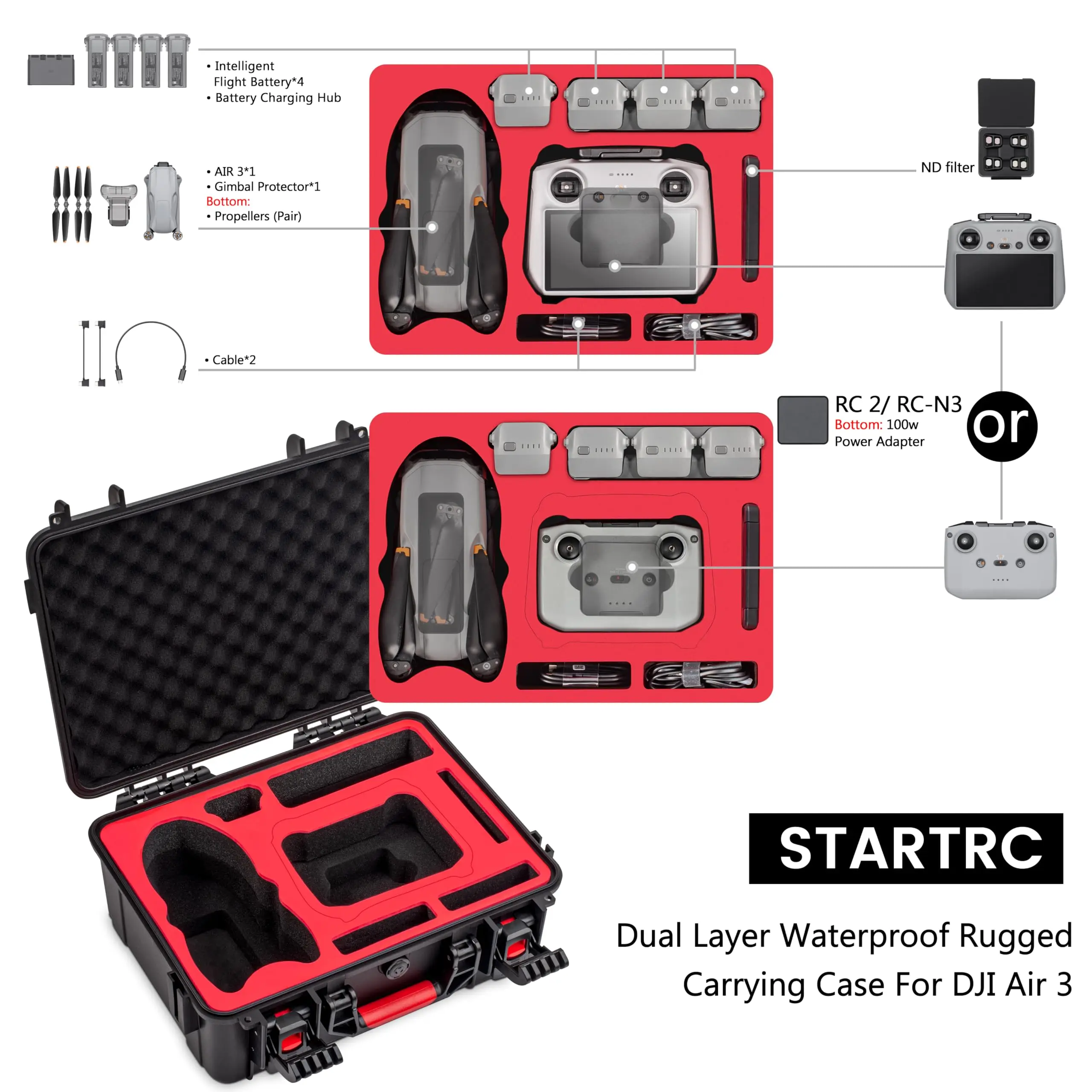 Air 3S Case Carrying Hard Case for DJI Fly More Combo Compatible With Accessories RC 2/RC/RC-N3/N2 Controller Charging Hub