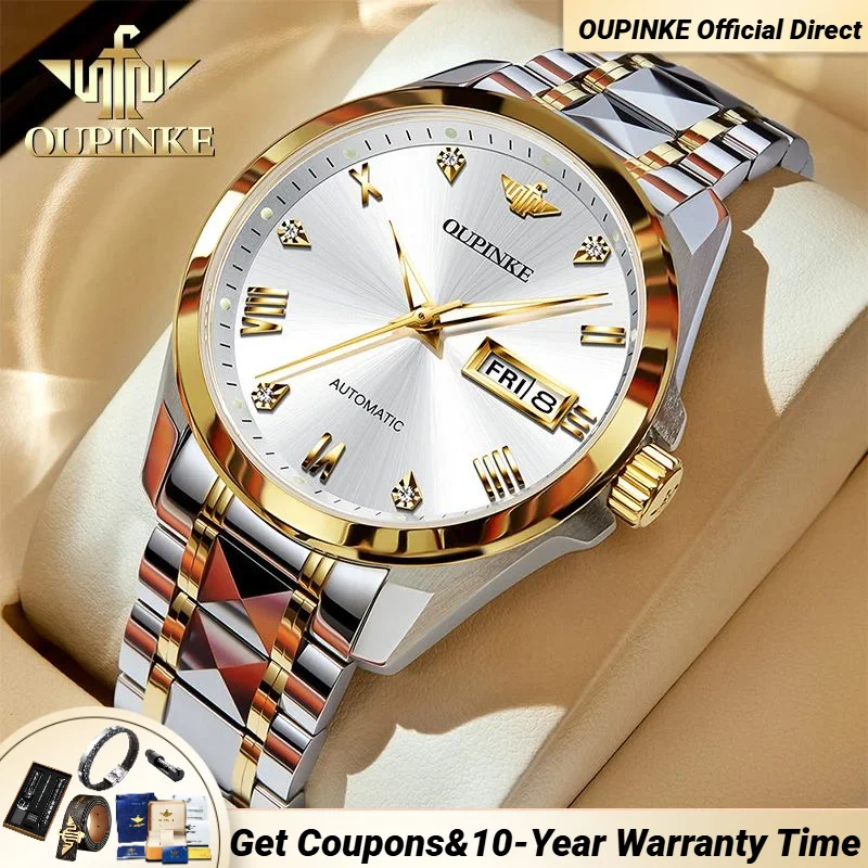 

OUPINKE 3171 Simplicity Watch for Men Japan Imported Automatic Mechanical Watches Tungsten steel Strap Dual Calendar Watch Man