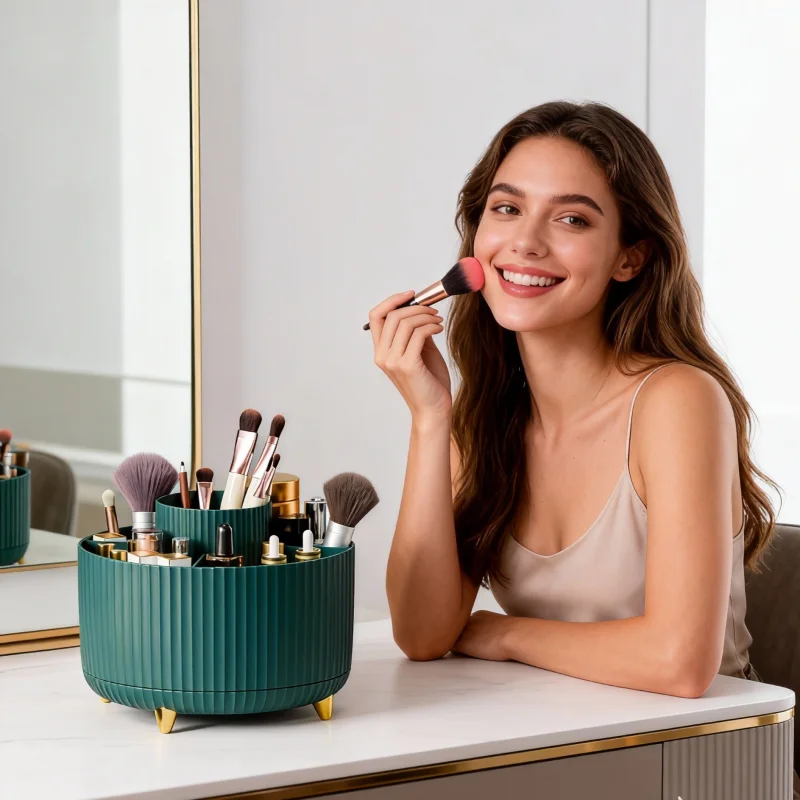 360 °   Rotierender Make-up-Organizer mit 5 Fächern, Kosmetikvitrine mit Pinselhalter, Parfümtablett, Aufbewahrungsbox, Schmuckbehälter