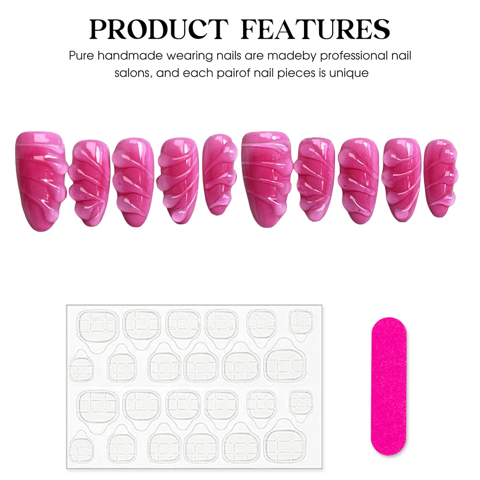 10 pezzi fatti a mano stampa sulle unghie rosa rosa 3D gocce d'acqua disegni toppe per unghie finte mandorla lucida riutilizzabili unghie finte salone d'arte