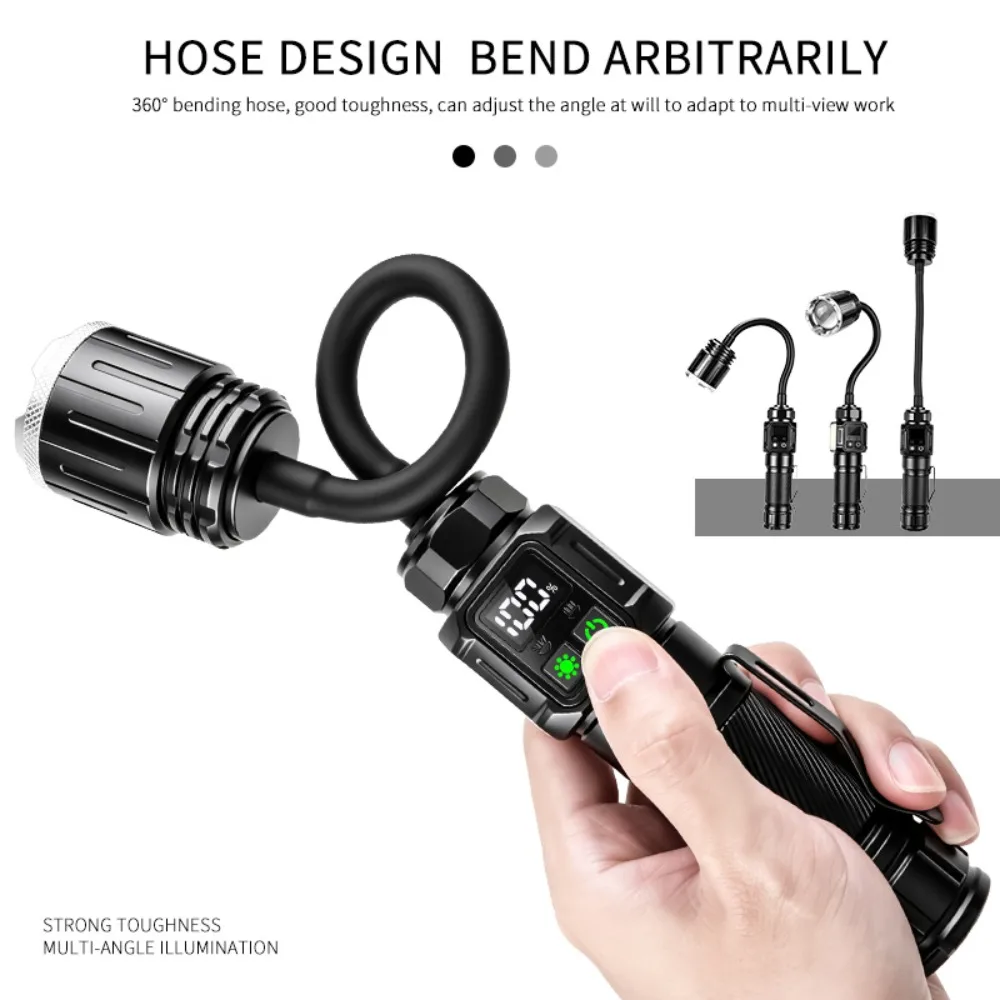 LED Bendable Gooseneck Bright Flashlight Magnetic Pen Clip Multi Light Source Torch with Power Display for Garage Maintenance