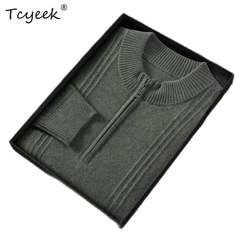 

Tcyeek, мягкие свитера из 35% кашемира, 65% шерсти, мужские свитера с воротником-молнией и длинными рукавами, деловой ретро-свитер, осень-зима T47819QC