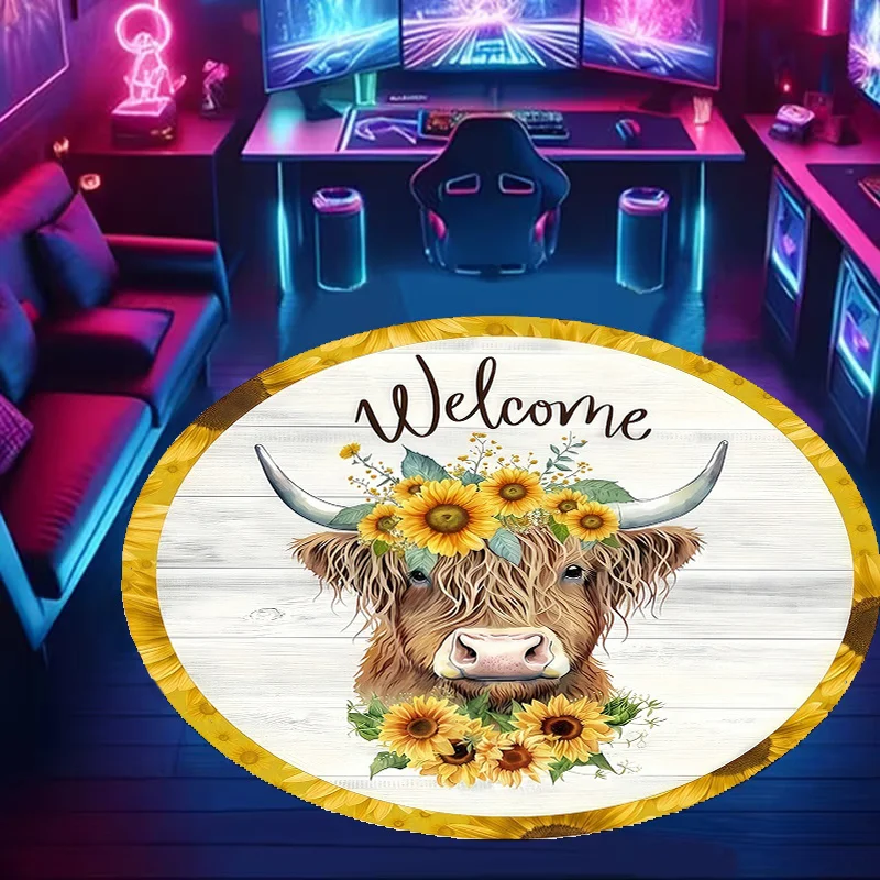 Sunflower garland cow Flannel-printed round floor mats are slip-resistant Suitable living room bedroom terrace garden carpets
