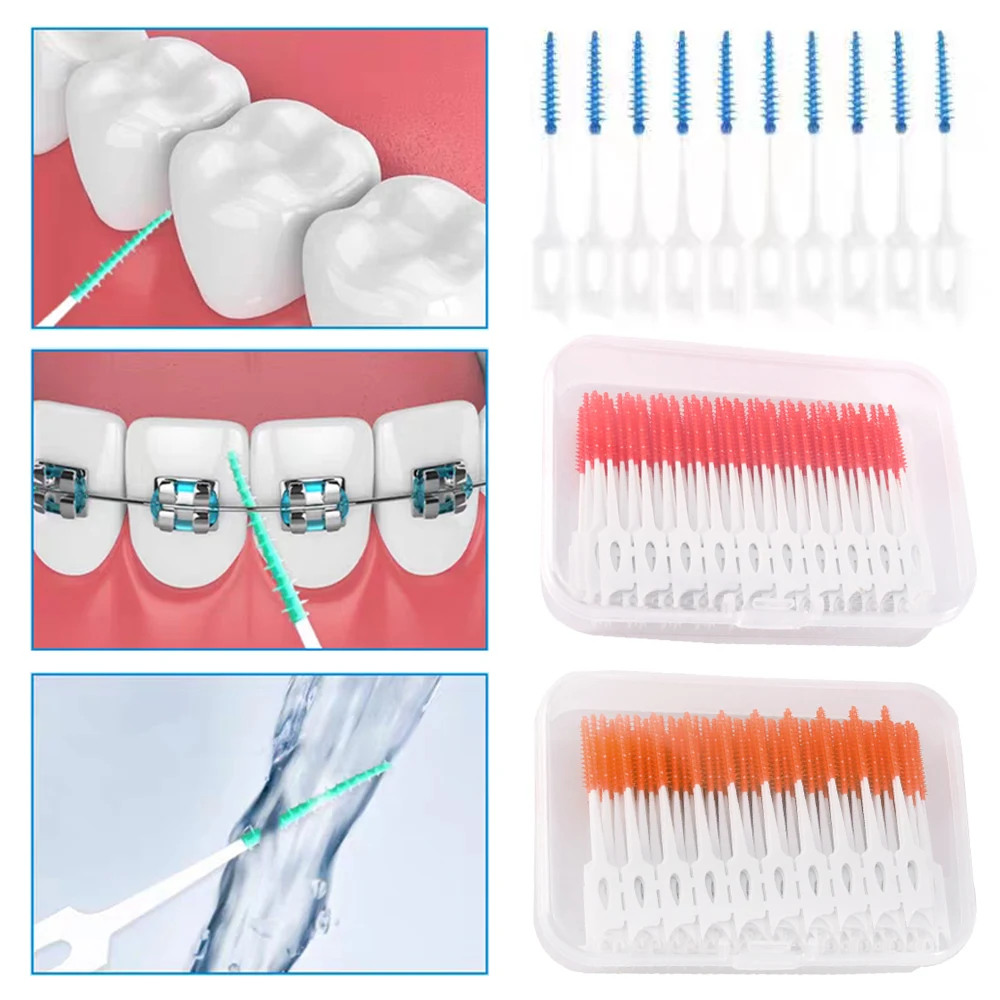 200 sztuk/pudło miękkie silikonowe szczoteczka międzyzębowa wykałaczki z gwintem dwugłowe jednorazowe szczoteczka międzyzębowa czyszczenie jamy