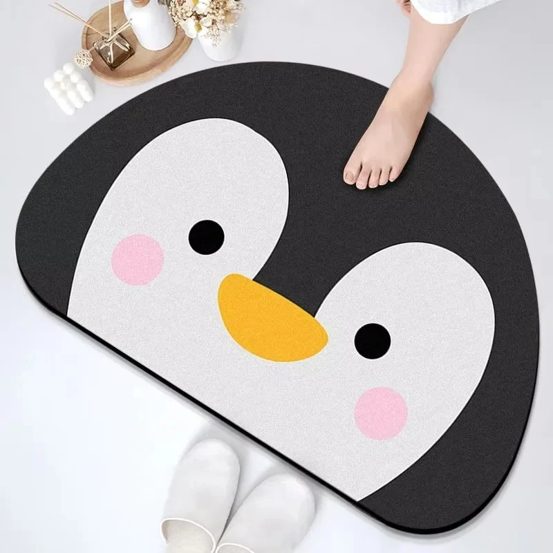 VIKAMA Cute Cartoon Penguin Semicircle Bath Mat Non-Slip Absorbent Quick Dry Washable Floor Mat for Bathroom Shower