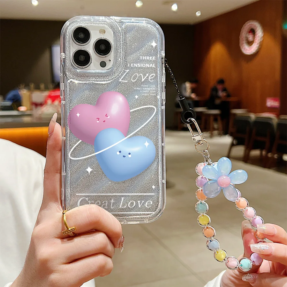 Love Heart Laser Film Phone Cases For iPhone 13 Pro Case iPhone 15 14 12 11 Pro Max XR XS Max 7 8 Plus Soft Cover With Lanyard