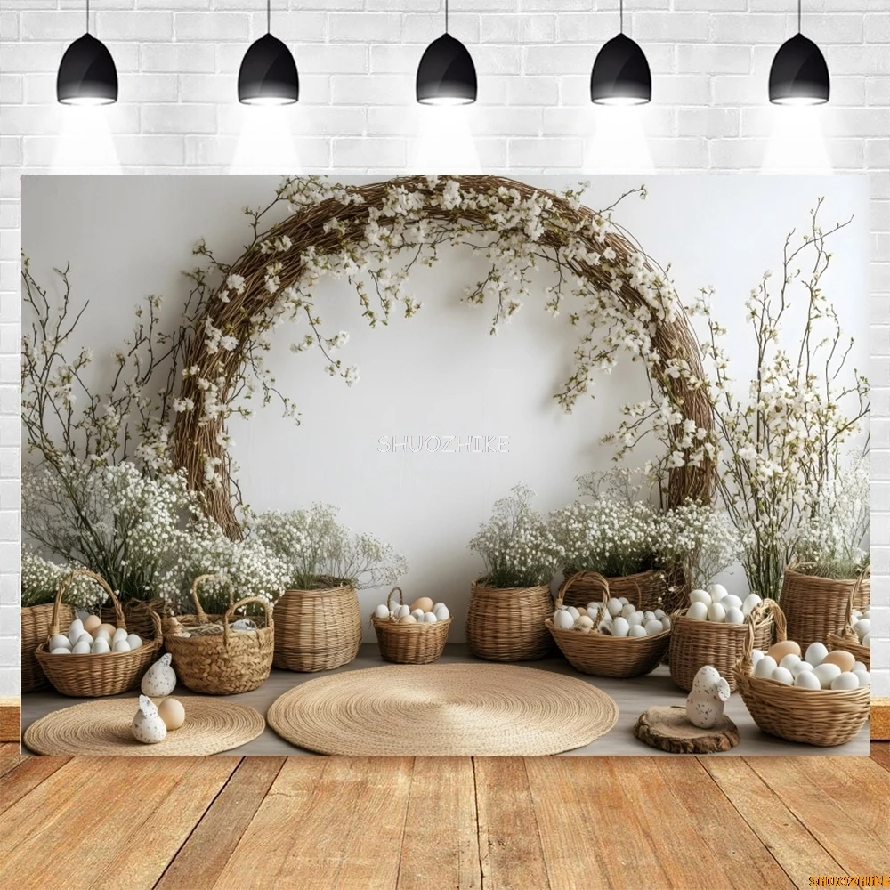 ربيع عيد الفصح الطفل صورة التصوير خلفية الزهور قوس البيض سلة للزهور عيد ميلاد الاطفال الفن صورة خلفية كشك التصوير