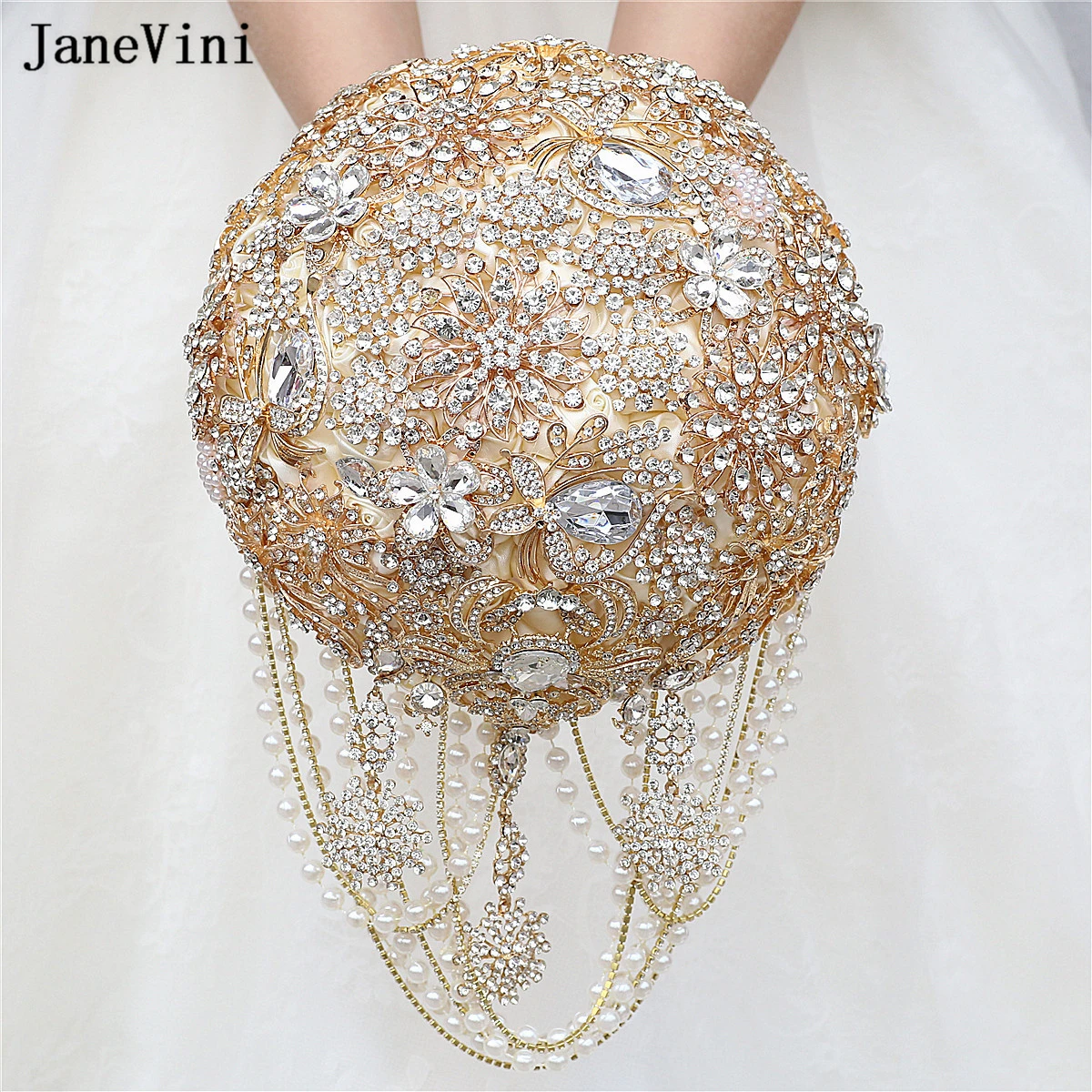 

JaneVini Luxurious Bridal Holding Flower Bouquet Full Rhinestone Diamond Artificial Ivory Satin Roses Wedding Bouquets for Bride