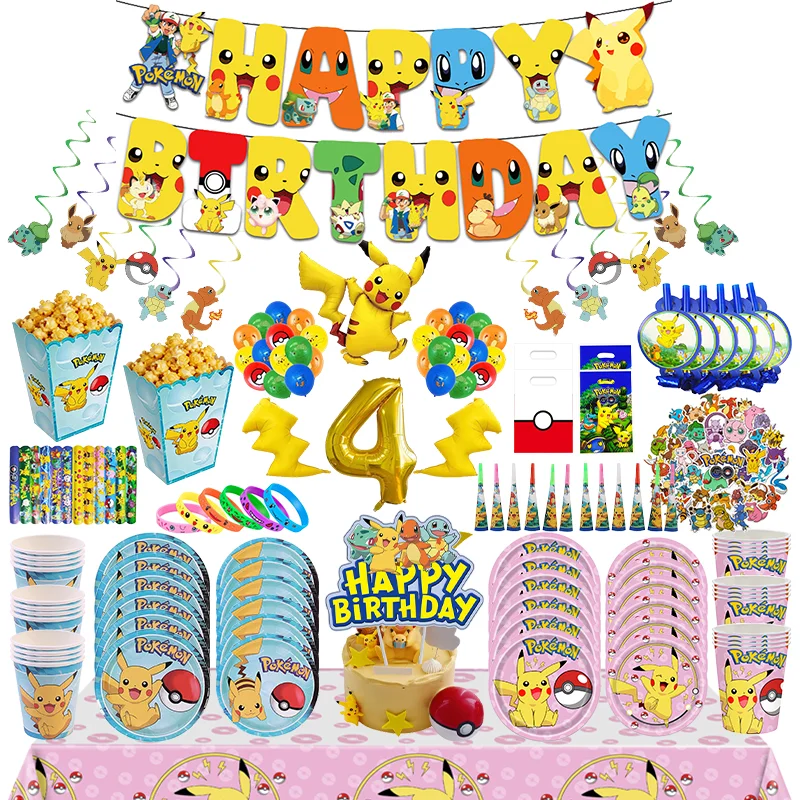 Ensemble de décoration pour fête d'anniversaire Pokemon, ballons, assiettes, gobelets, serviettes, nappe, bannière, décorations de gâteau, fournitures d'anniversaire Pikachu, cadeaux pour enfants