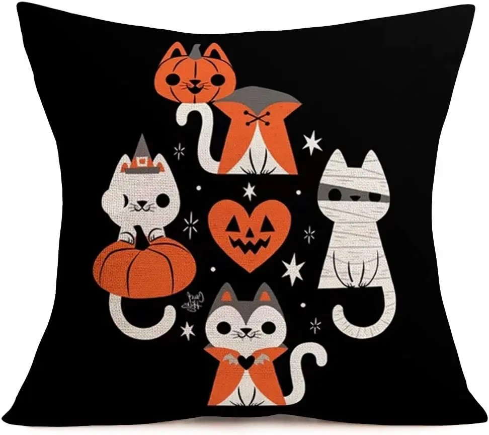 Halloween Party Throw Pillow Cover Cute Cat Pumpkin Maple Leaf Pillowcase Linen Square Cushion Cover Home Decoration