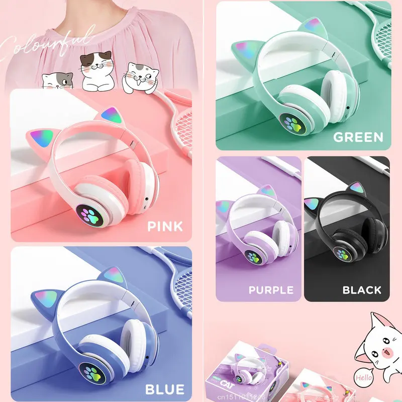2025 New Flash Lamp Cute Cat Ears Headphone Bluetooth 5.0 Stereo Mic Support TF Card Wireless Earphone Kids Girl Birthday Gifts image 6