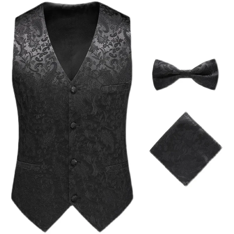 Luxury Wedding 3 piece Suit Vest Men Single-breasted Sleeveless Formal Bowknot Gilet Homme Party Stage Brand Waistcoat Jackets