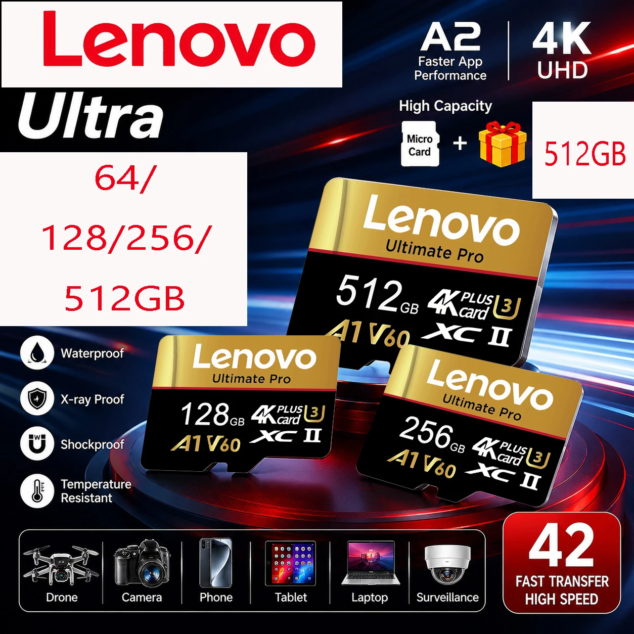 Cartões TF Lenovo de Alta Resistência 512GB, Cartões SD, Cartão de Memória Micro TF SD 256GB 128GB, Transferência Rápida Full HD para Câmera Veicular/Tablet