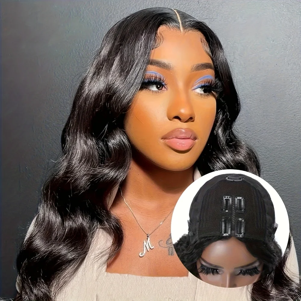 Parrucche con parte a V Parrucca per capelli umani con onda del corpo Glueless Parrucca per capelli umani a forma di V Parrucche fatte a macchina Hd in pizzo per le donne Clip a testa intera senza lasciare fuori