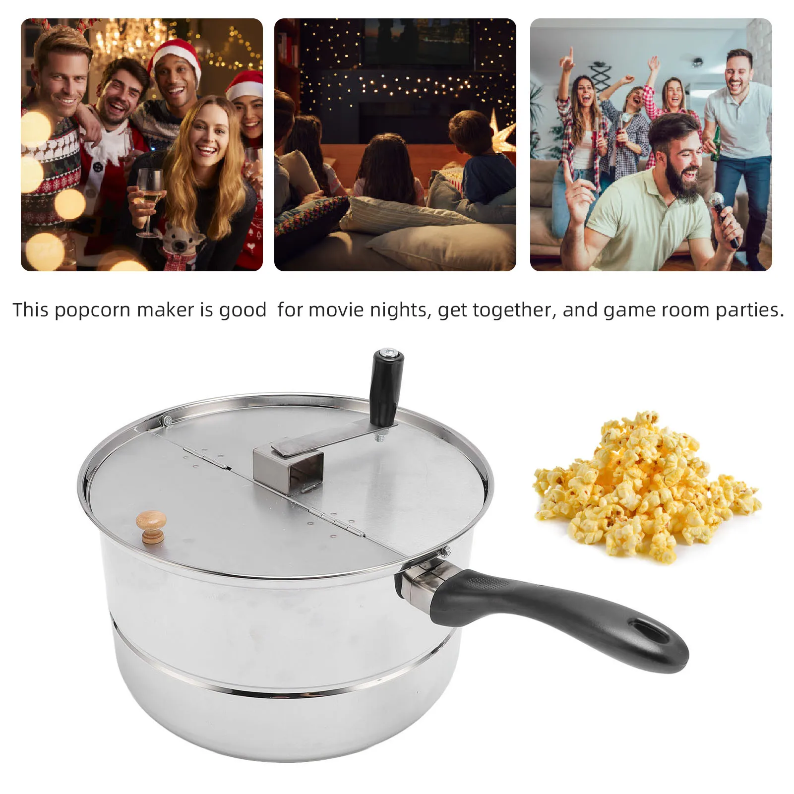 Máquina para hacer palomitas de maíz para estufa, palomitas de maíz de acero inoxidable con manivela, olla para palomitas de maíz para calefacción eléctrica a Gas