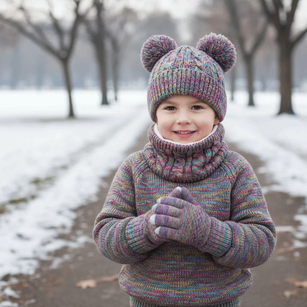 

Cute Pompom Baby Hat Scarf Gloves Set Warm Ears Keep Warm Toddler Knitted Hats Thickened with Velvet Hat Set Christmas Gift
