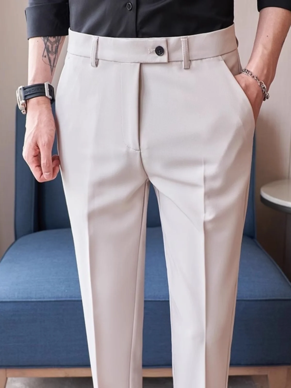 Business Casual Men's Pants Lightweight Spring Summer Straight Leg Long Trousers Slim Fit Nine Points White Dress Pants