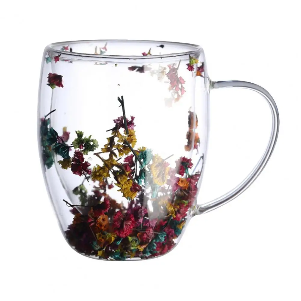 Flower Embellished Mug Floral Double Wall Glass Mug Set Insulated Handle Real Flower Decoration Heat Preserving for Coffee