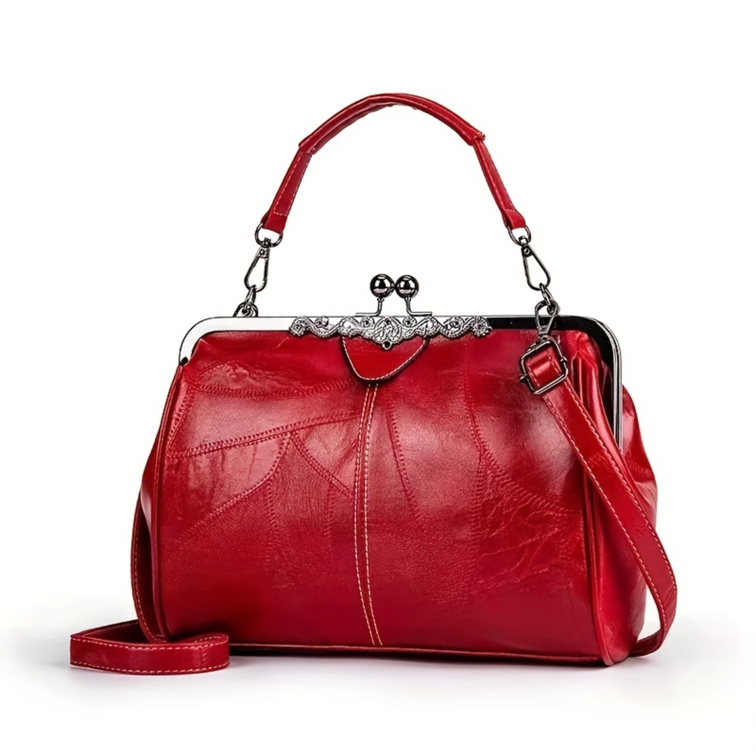 

Vintage For Women, Fashion Kiss Lock Slip Purse, Stitching Texture Crossbody Bag