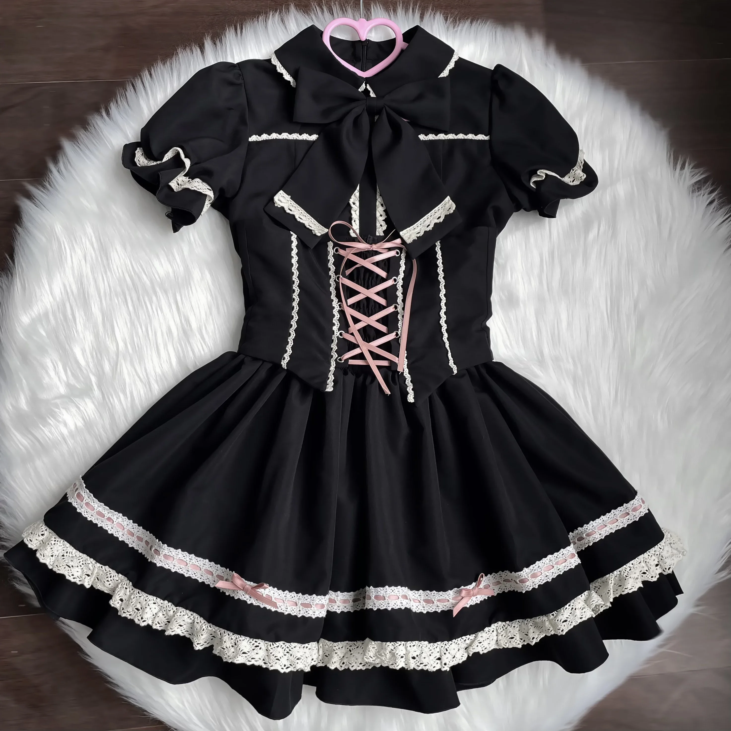 Magnifique ensemble Lolita à manches courtes évasées pour femmes, petite cape et jupe imbibée, chemise à nœud, taille haute, gâteau, doux, fille